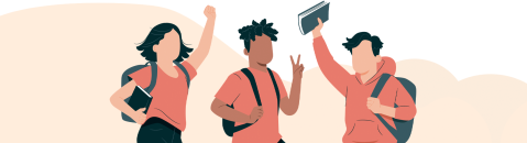 Grupo de estudiantes con libros y mochilas, saltando con euforia
